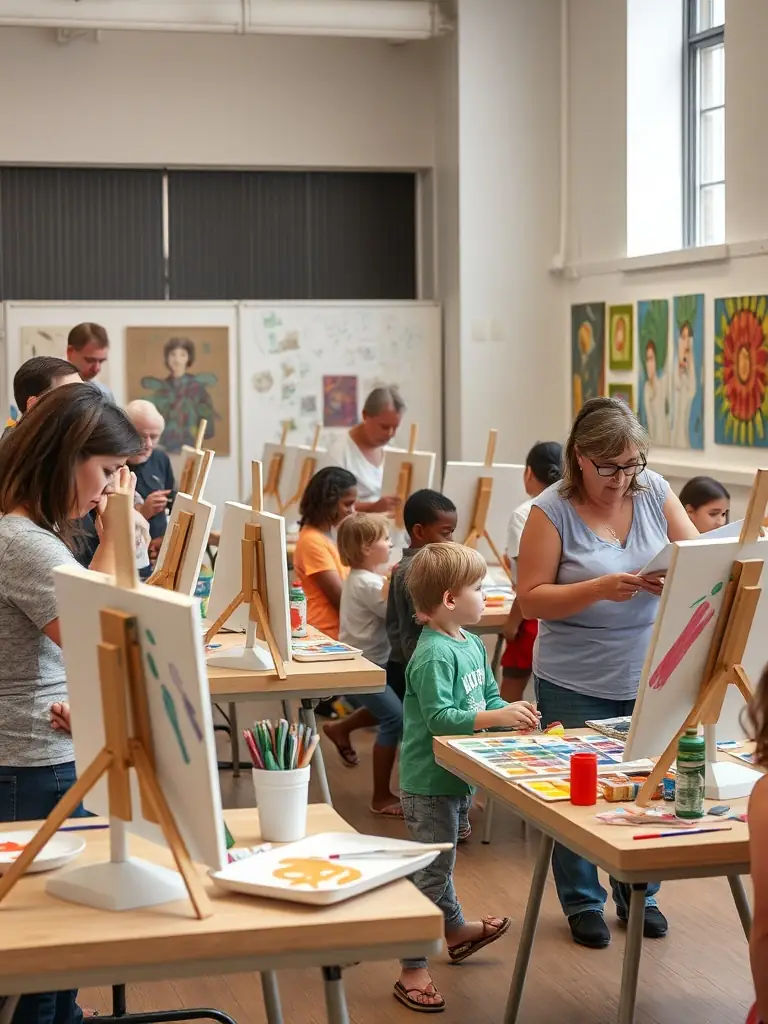 A vibrant photograph capturing a community arts workshop in progress, showcasing participants of diverse ages and backgrounds actively engaged in painting and crafting, reflecting the inclusive nature of BSCPS BOSCORPS's community programs.