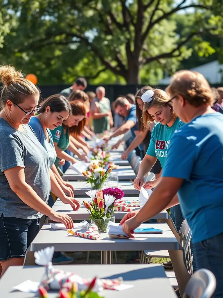 A photograph of volunteers setting up decorations for a BSCPS BOSCORPS cultural event, highlighting the collaborative effort and community spirit involved in organizing these events.