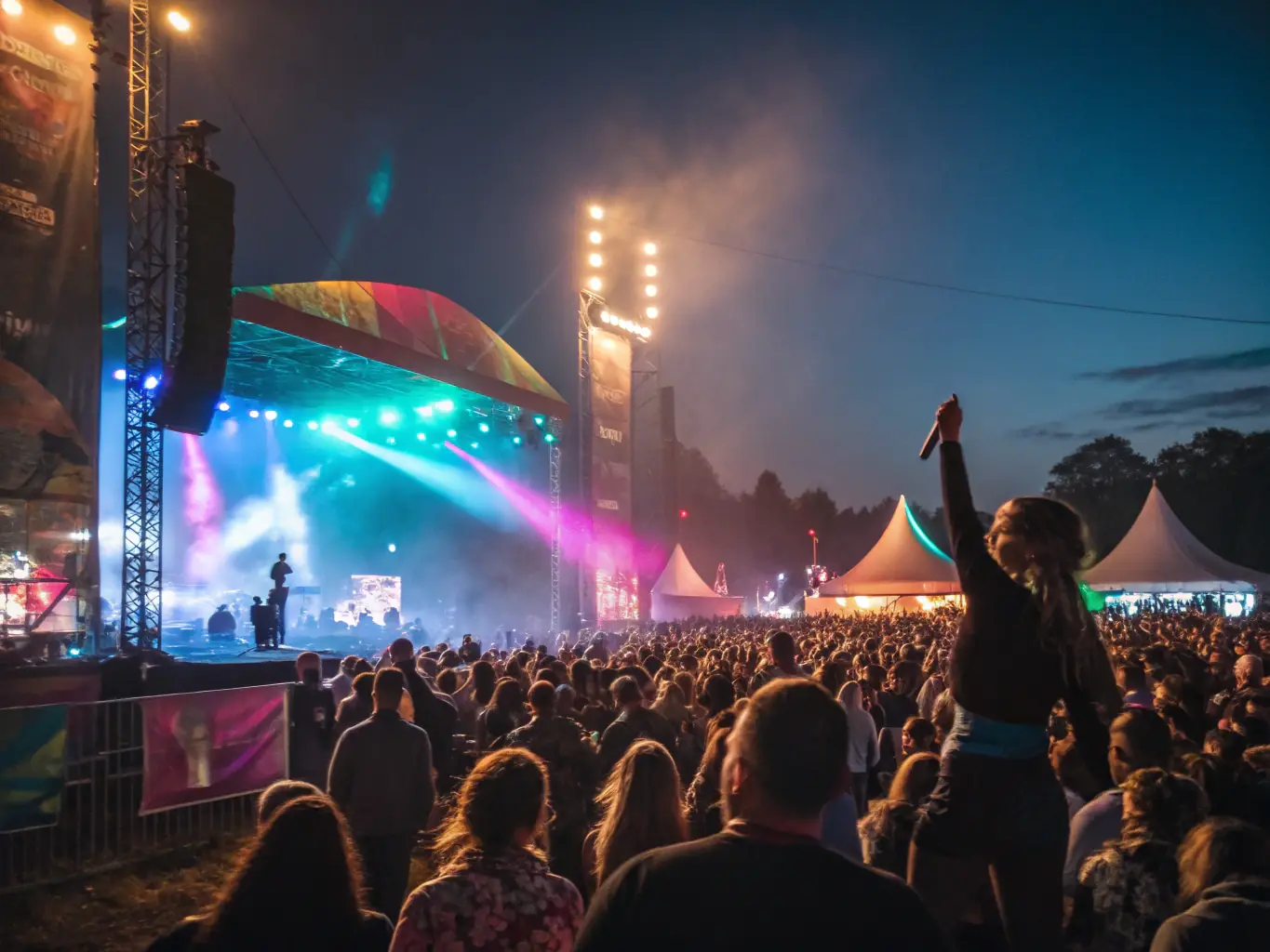 A photograph capturing a lively outdoor music festival at sunset, featuring a diverse audience enjoying the performance, with the stage illuminated by colorful lights.