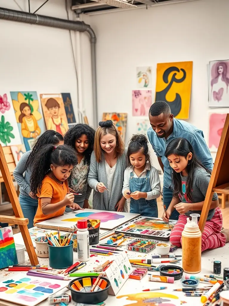 A vibrant photograph capturing a community arts workshop in progress, showcasing participants of diverse ages and backgrounds actively engaged in creating artwork, with a focus on the collaborative and inclusive atmosphere.