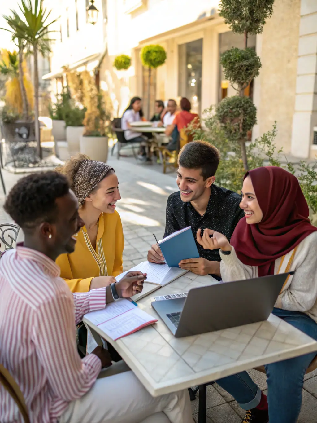A photograph of a group of young people participating in a cultural exchange program facilitated by BSCPS BOSCORPS, showing them interacting with individuals from different cultural backgrounds and learning about new perspectives.