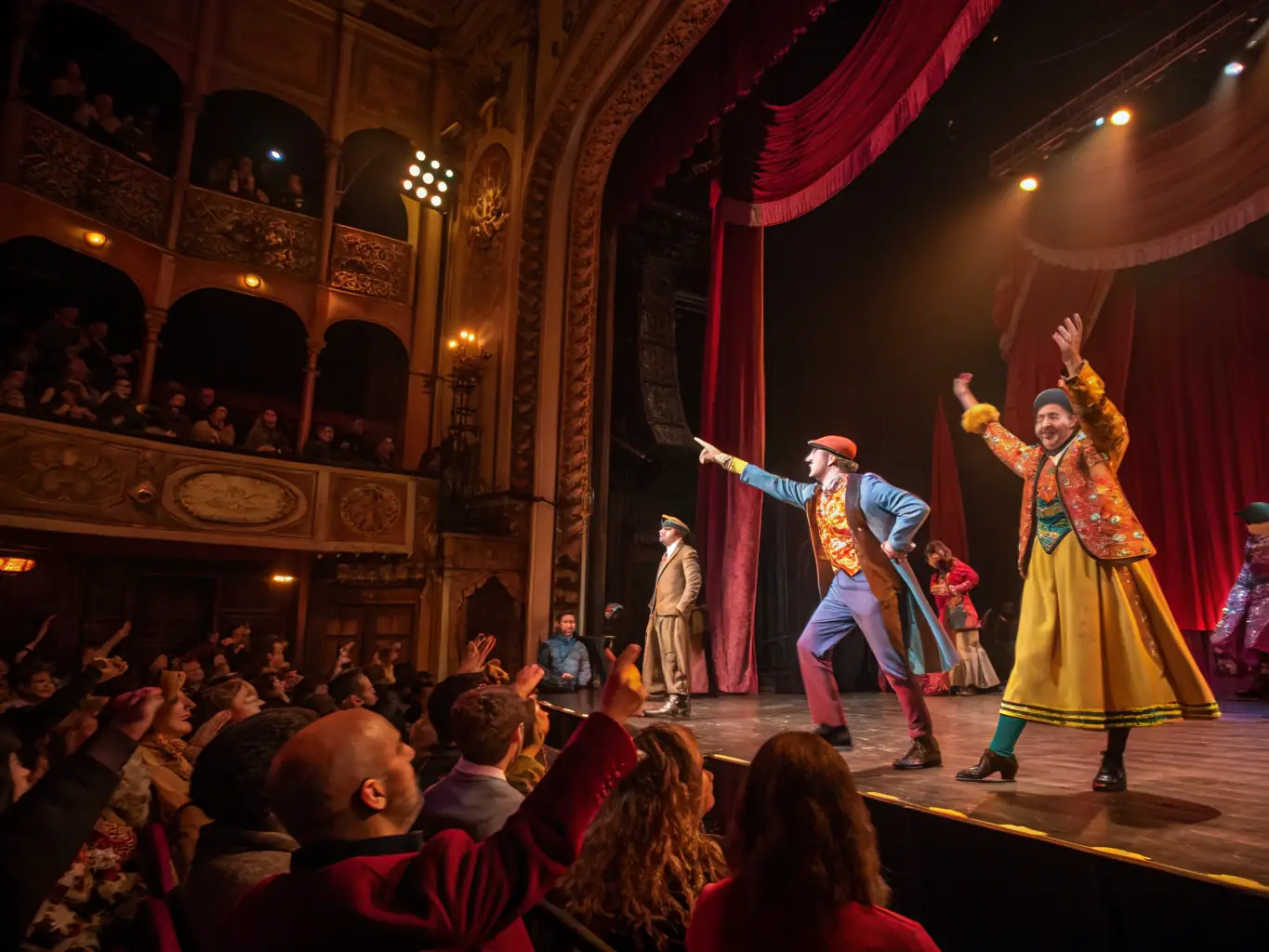 A dynamic image of a community theater performance, showcasing actors in colorful costumes on stage, with an engaged audience in the background.