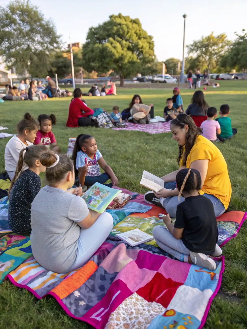 A heartwarming photo of children participating in a storytelling session at a BSCPS BOSCORPS event, with a focus on the engaging storyteller and the children's captivated expressions, emphasizing the organization's dedication to youth engagement.