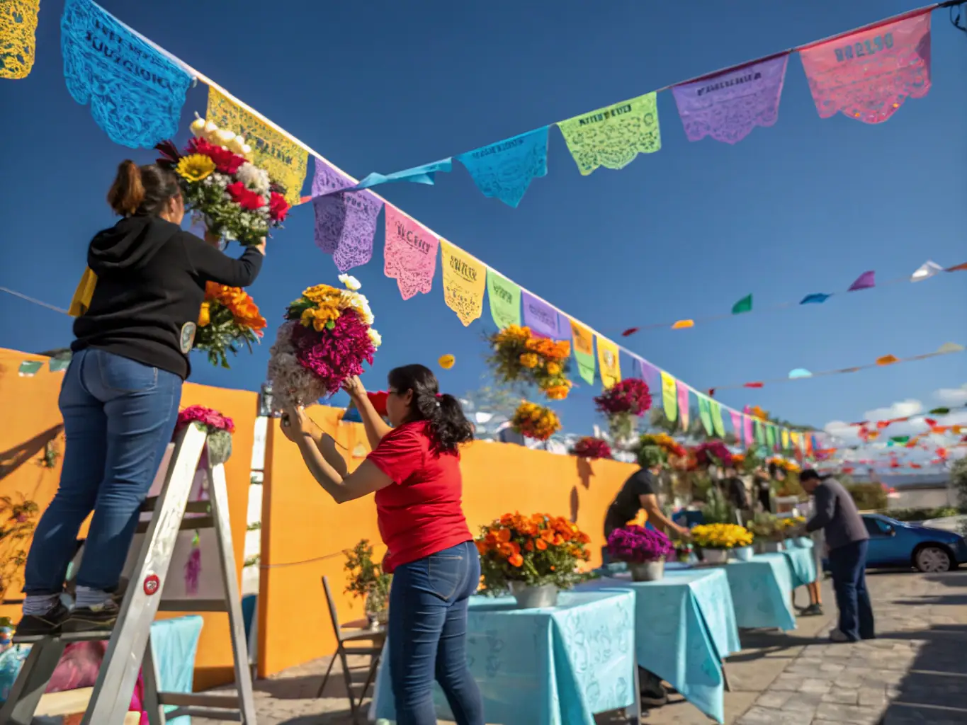 A vibrant image depicting volunteers setting up for a community arts festival, showcasing the collaborative spirit and creative energy of BSCPS BOSCORPS's cultural programs.