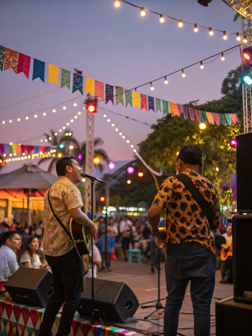 A dynamic image of a local music showcase event organized by BSCPS BOSCORPS, featuring a diverse group of musicians performing on stage, with an enthusiastic audience enjoying the performance.