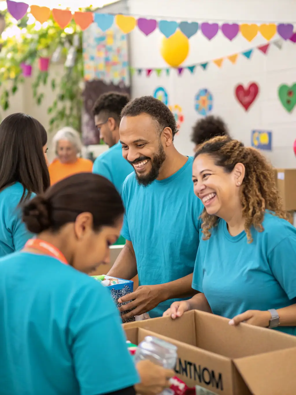 A heartwarming picture of volunteers assisting with a community festival organized by BSCPS BOSCORPS, showing them interacting with attendees and contributing to the festive atmosphere.