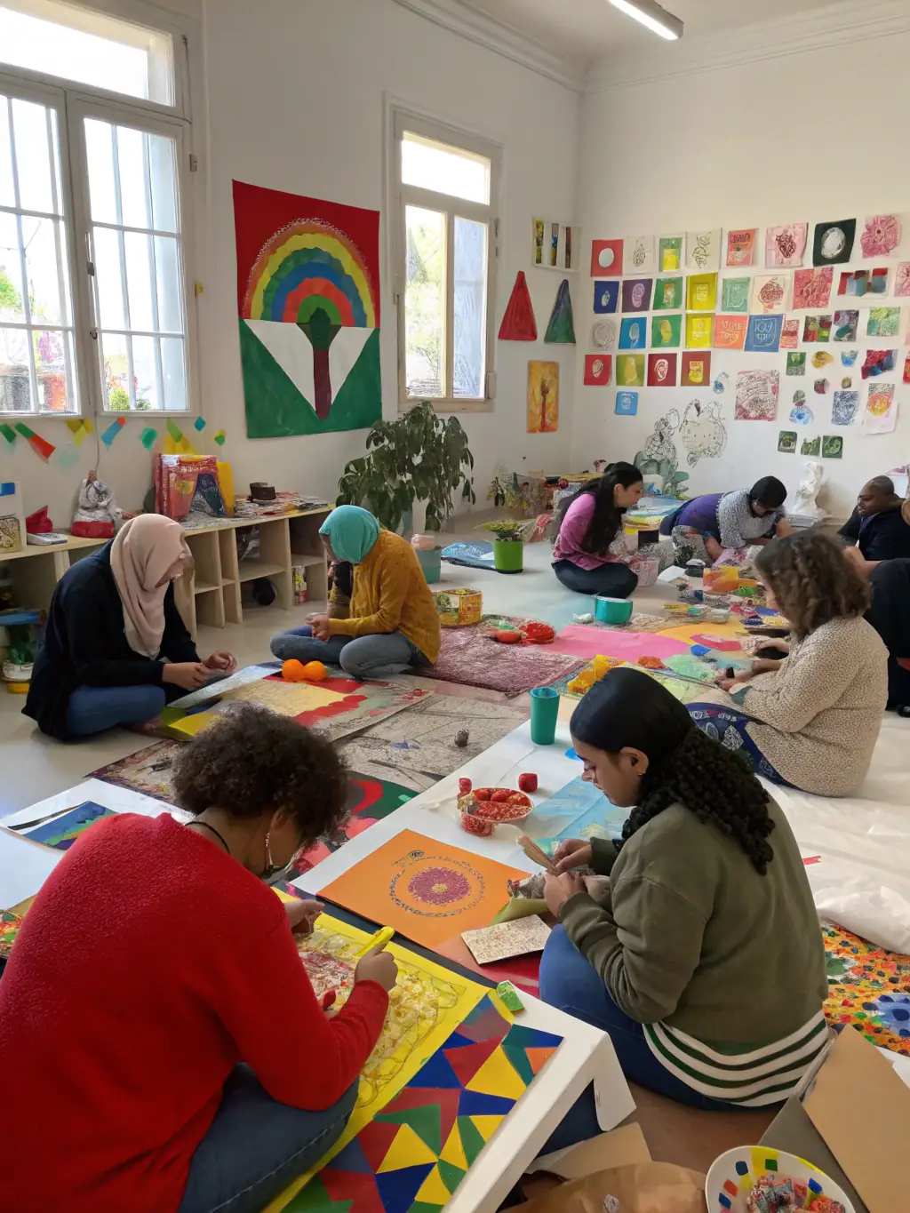 A photograph capturing a community arts workshop in progress, with participants of diverse ages and backgrounds actively engaged in creating art pieces, showcasing BSCPS BOSCORPS' commitment to inclusive artistic expression.