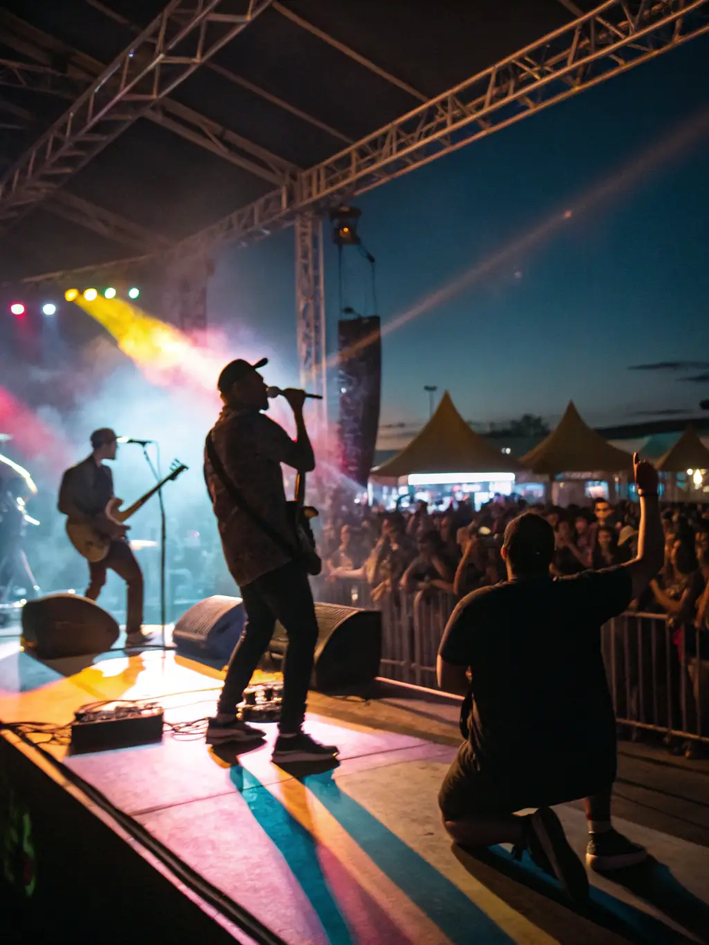 A dynamic image of a local band performing live at a BSCPS BOSCORPS-organized outdoor festival, with a diverse crowd enjoying the music and atmosphere, highlighting the organization's commitment to promoting local artists.